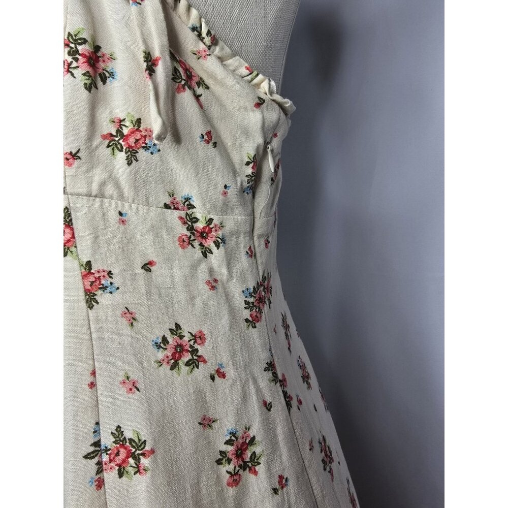Zara Strapped Cream Linen Blend Floral Long Length Dress Size LARGE - Picture 8 of 13